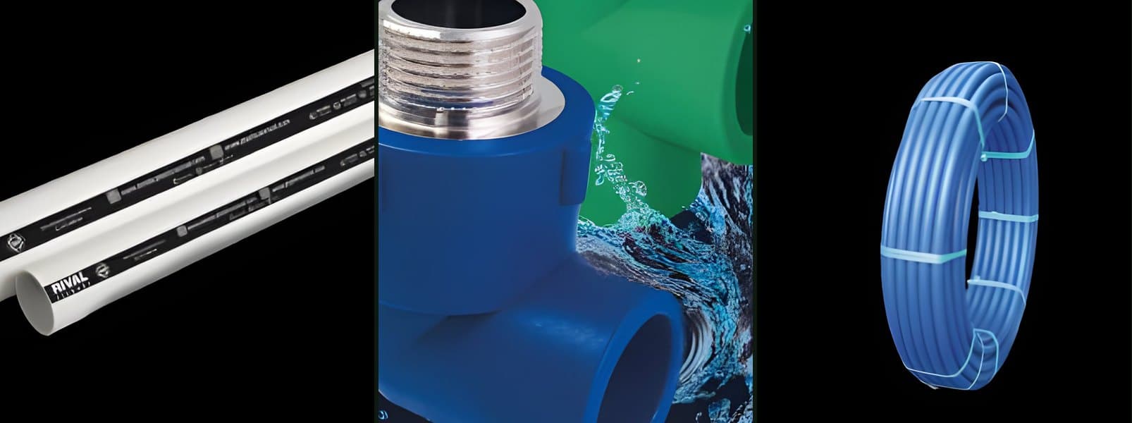 PVC drain pipe, PP-R fittings, and a coil of HDPE water pipe