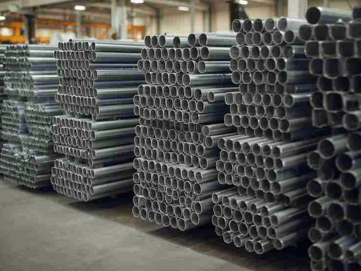 Stacks of steel conduit in a distribution warehouse
