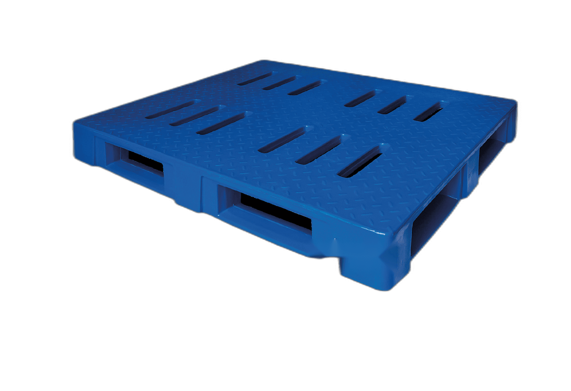 Voltiera blue single-piece polyethylene plastic pallet, closed top deck with liquid-discharge grilles — floor and rack rated, four-way entry, Factory Direct wholesale by the container