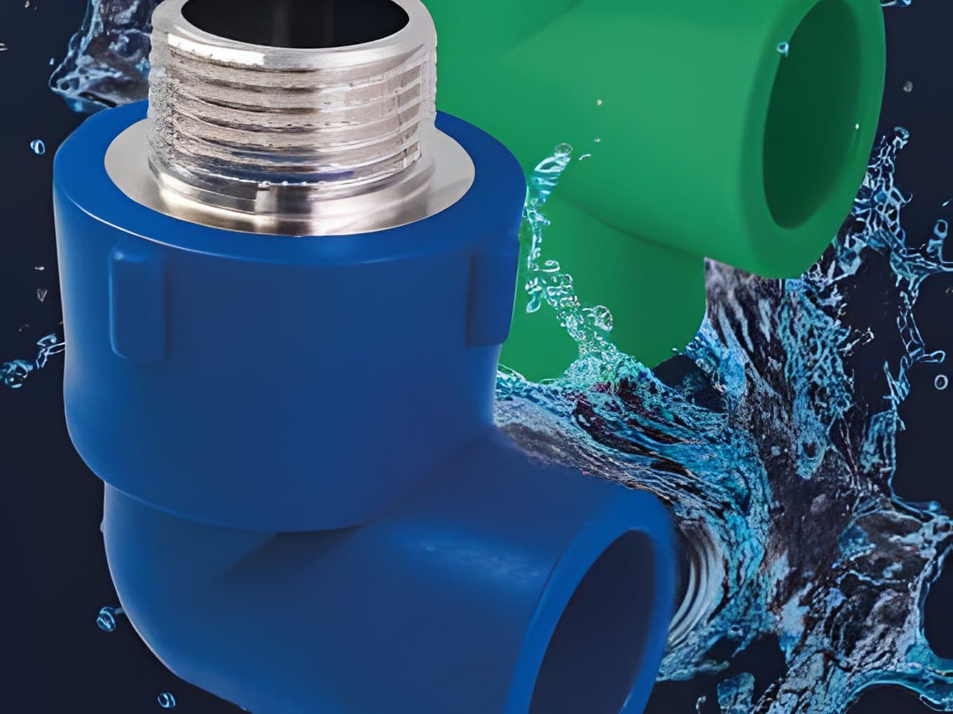 Green and blue PP-R fittings with a metal threaded insert