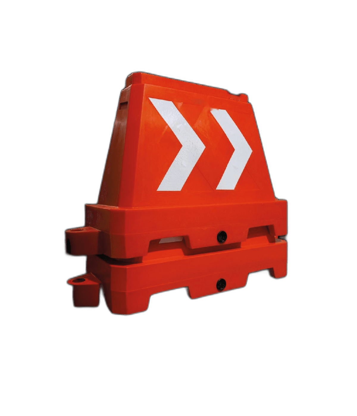 Barrera Apilable Direccional Voltiera — barrera vial naranja en PEMD con flecha chevron y bandas reflectivas, para canalización direccional en obra