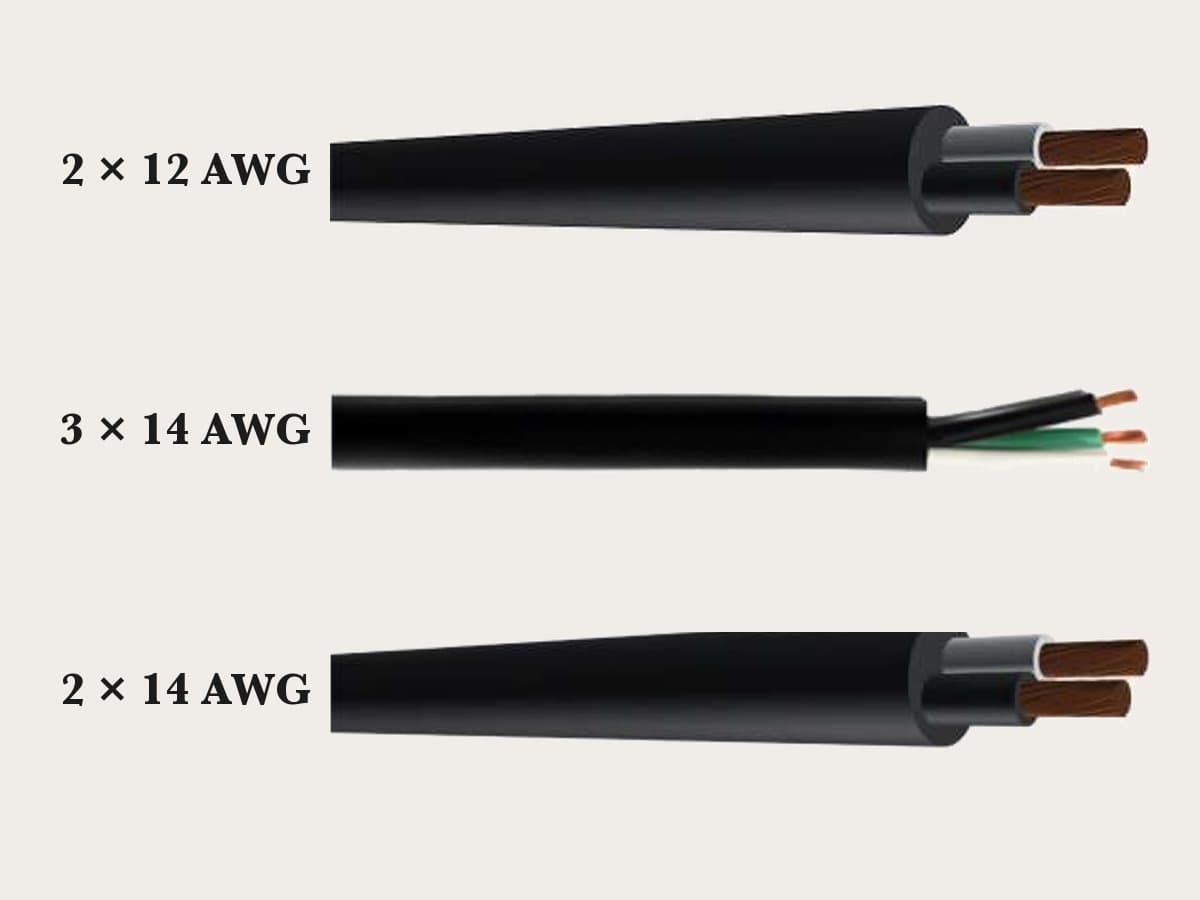 Black SJT flexible cord in 2×12, 3×14, and 2×14 AWG with the copper conductors exposed — supplied by Voltiera